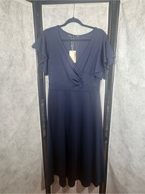 Women's Navy Faux-Wrap A-Line Dress with Flutter Sleeves Dokotoo large new w tag
